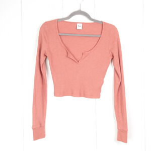 Aritzia TNA Top Womens SZ S Thermal Waffle Knit Long Sleeve Cropped Scoop Neck